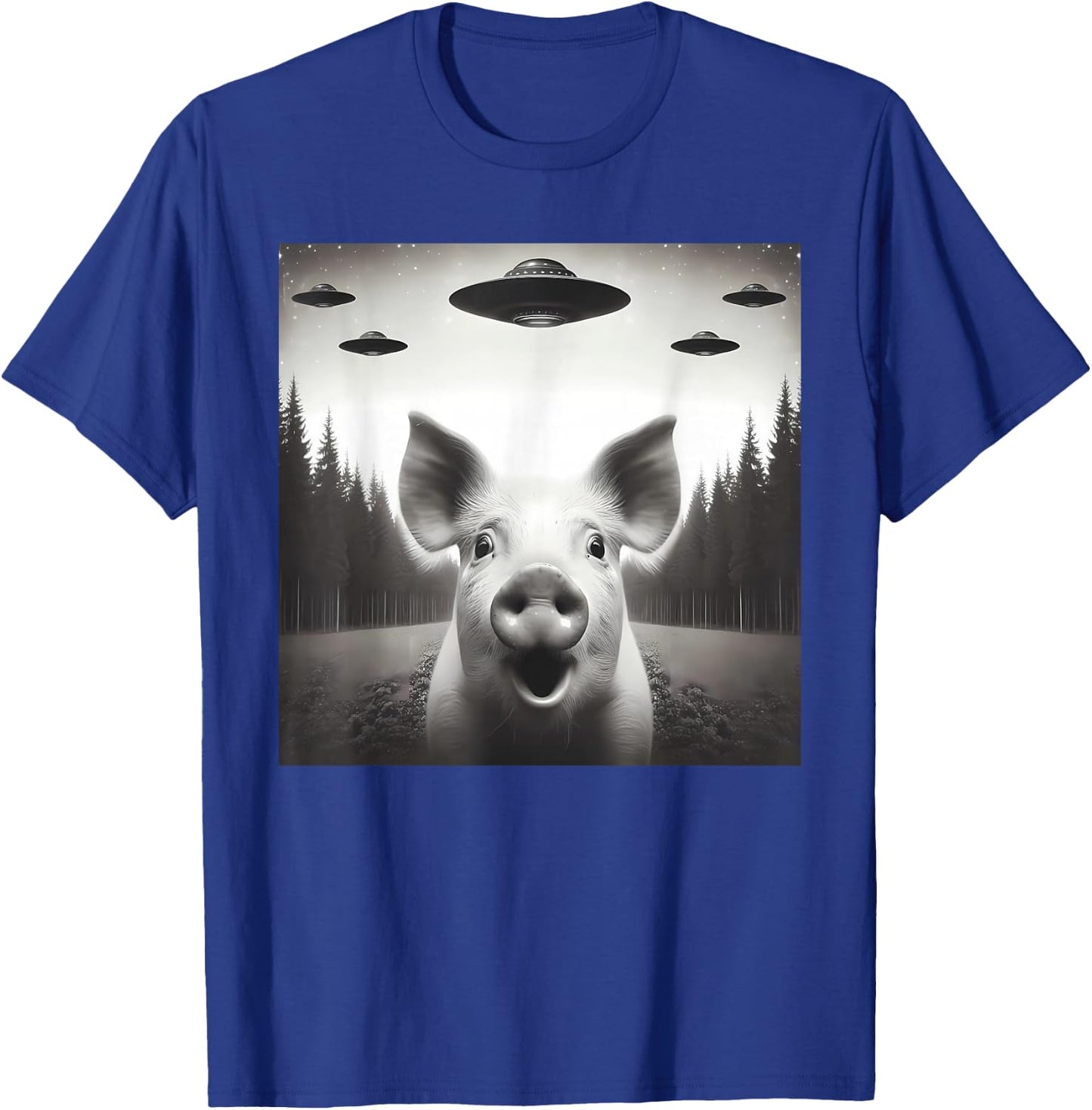 Funny Pig Selfie UFO Alien Humor Vintage Print Art Design T-Shirt - T-Shirt | Royal