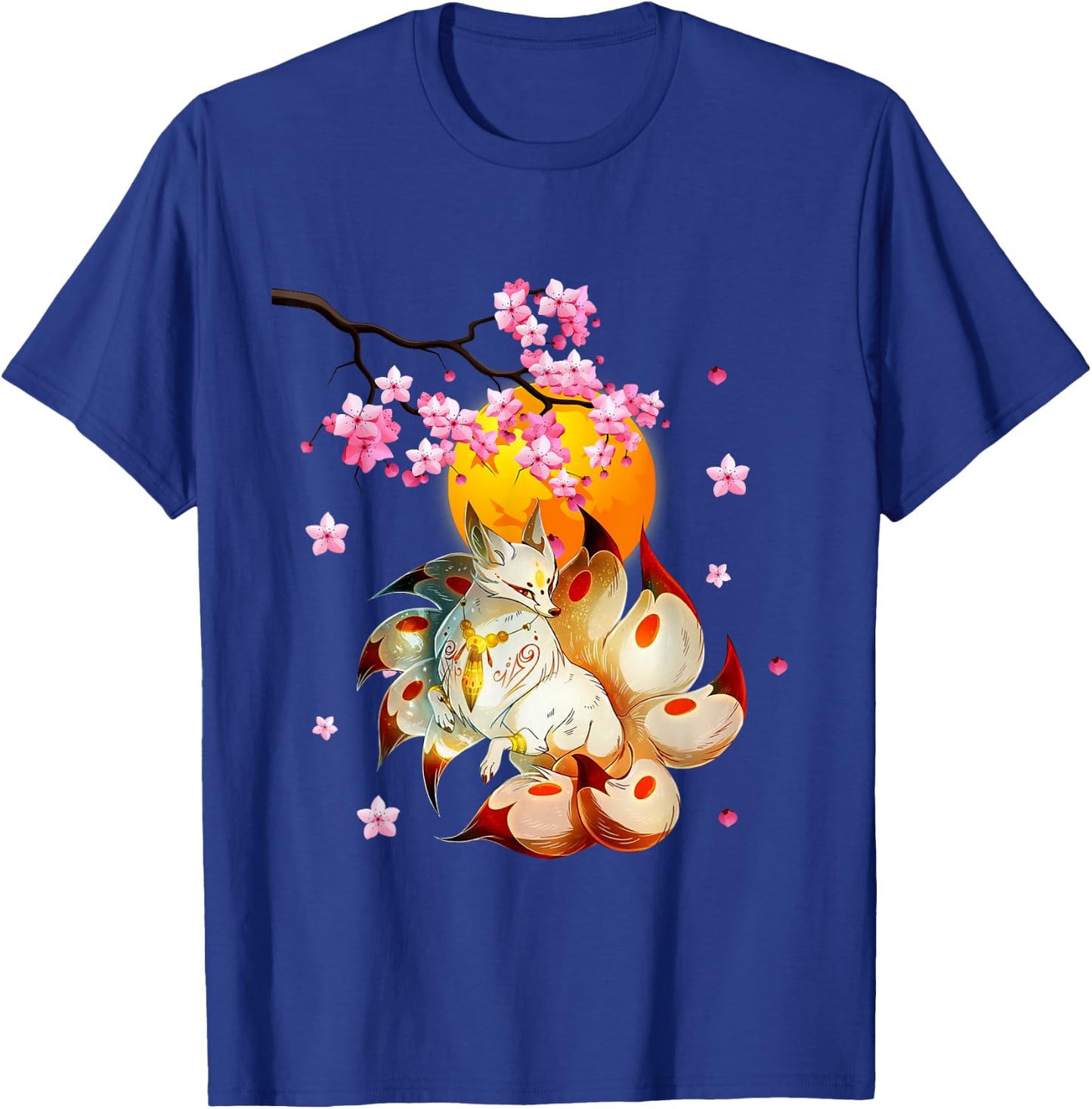 Kitsune-Fox Japanese Nine Tailed Fox-Cherry Blossom Flowers T-Shirt - T-Shirt | Royal