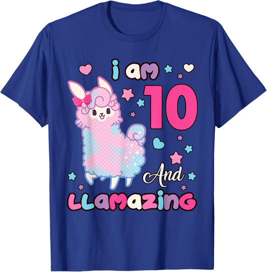10 Years Old 10th Birthday Girl I Am Ten and Llamazing Llama T-Shirt - T-Shirt | Royal