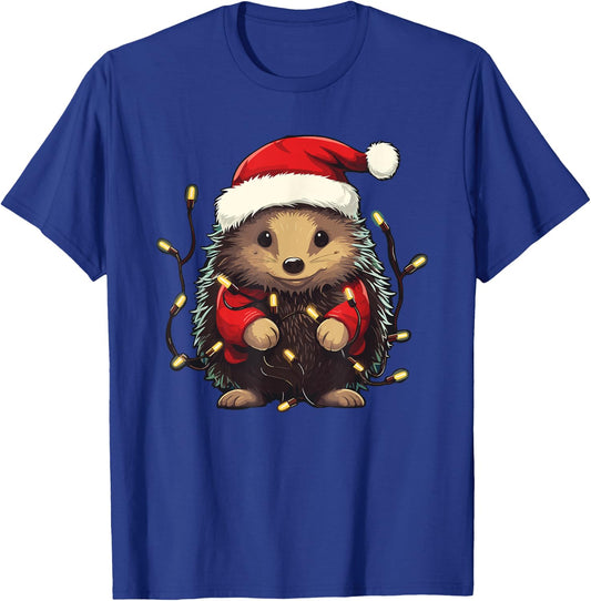 Cute Hedgehog Christmas Lights Santa Hat Xmas Pajama T-Shirt - T-Shirt | Royal
