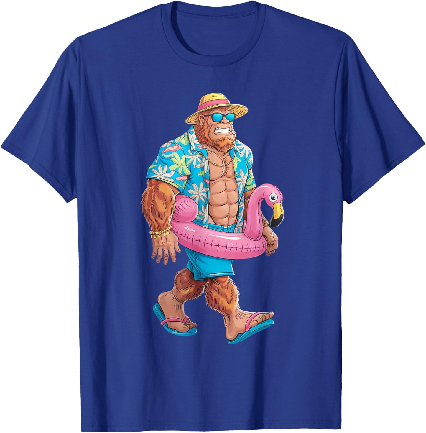 Hawaiian Bigfoot Sasquatch Pink Flamingo Pool Party Summer T-Shirt - T-Shirt | Royal