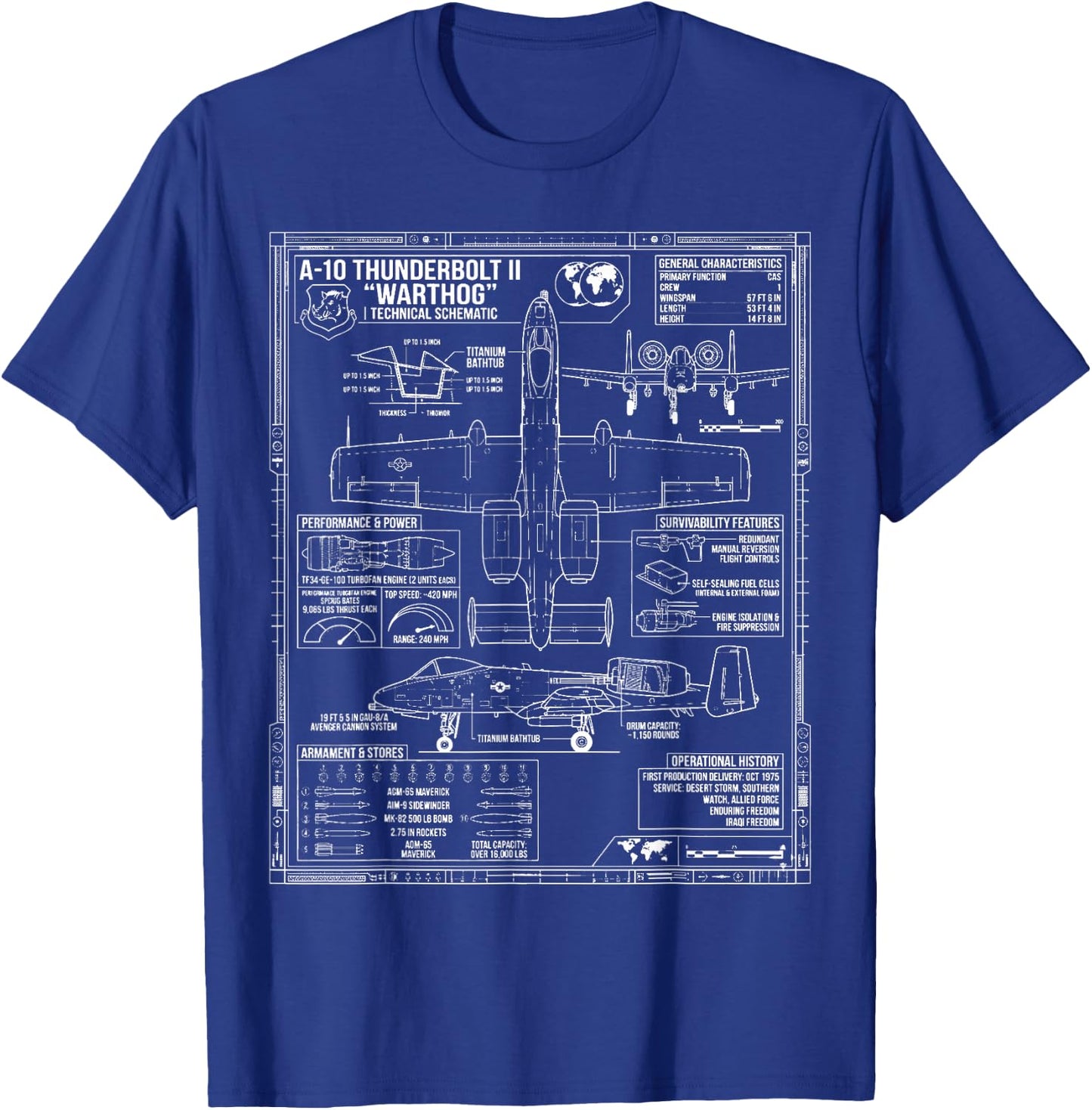 Detailed Blueprint Specs Military Jet A-10 Warthog T-Shirt - T-Shirt | Royal