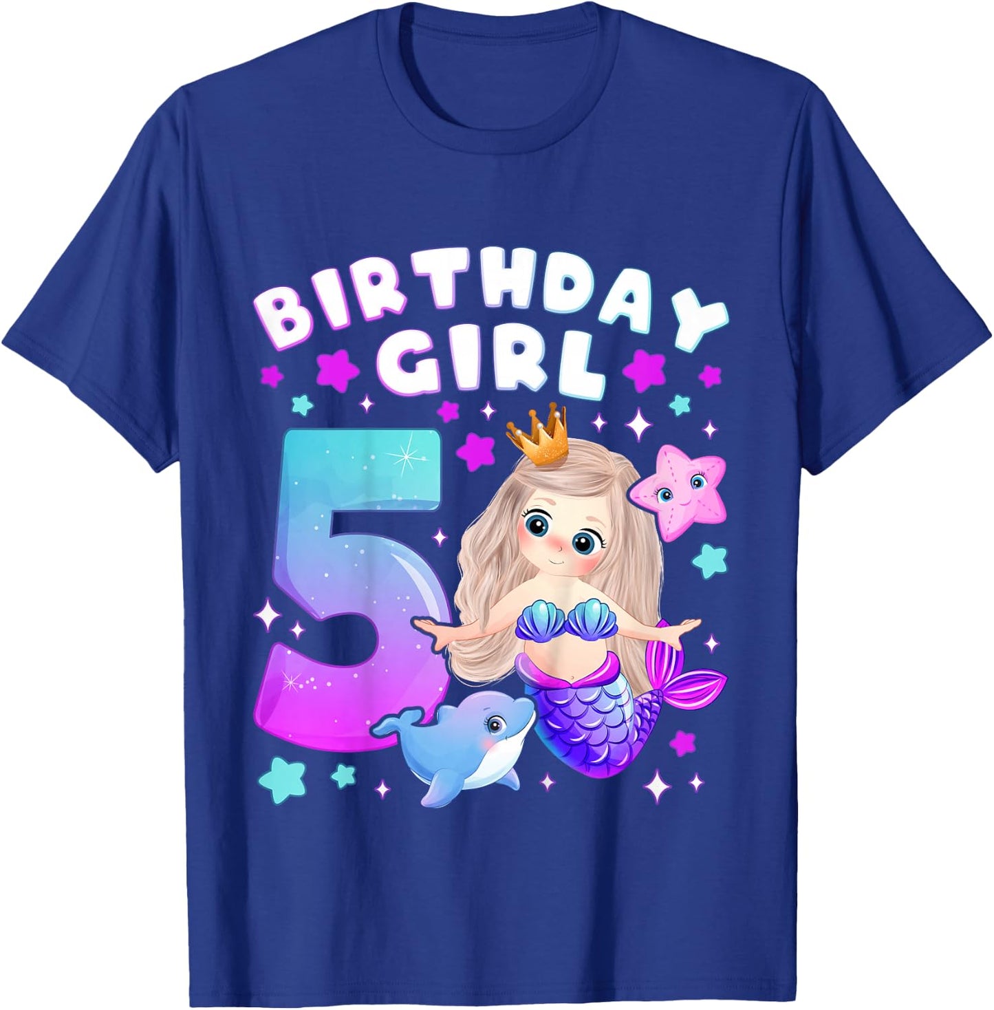 5th Birthday, Girl 5 Years, Mermaid, Number 5 T-Shirt - T-Shirt | Royal