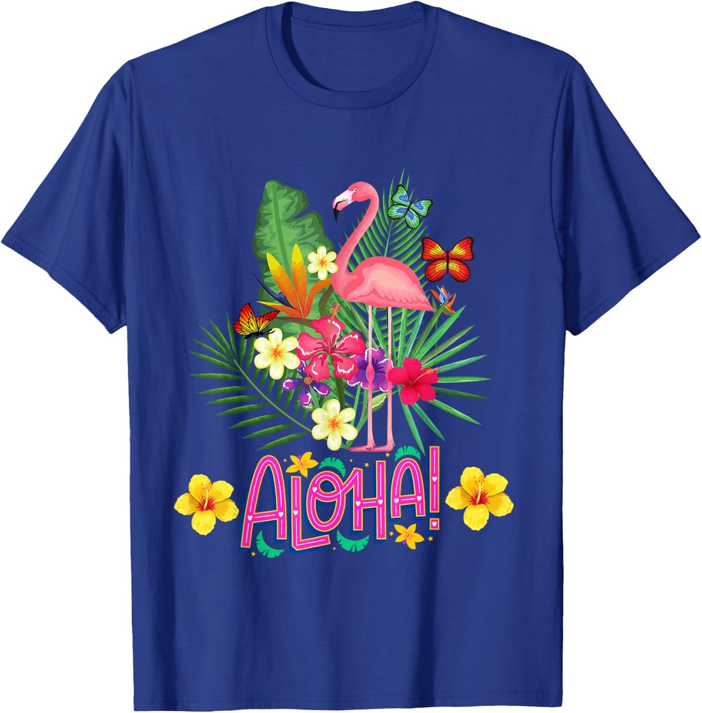 Aloha Flamingo Tropical Flowers and Butterflies , Black, S T-Shirt - T-Shirt | Royal