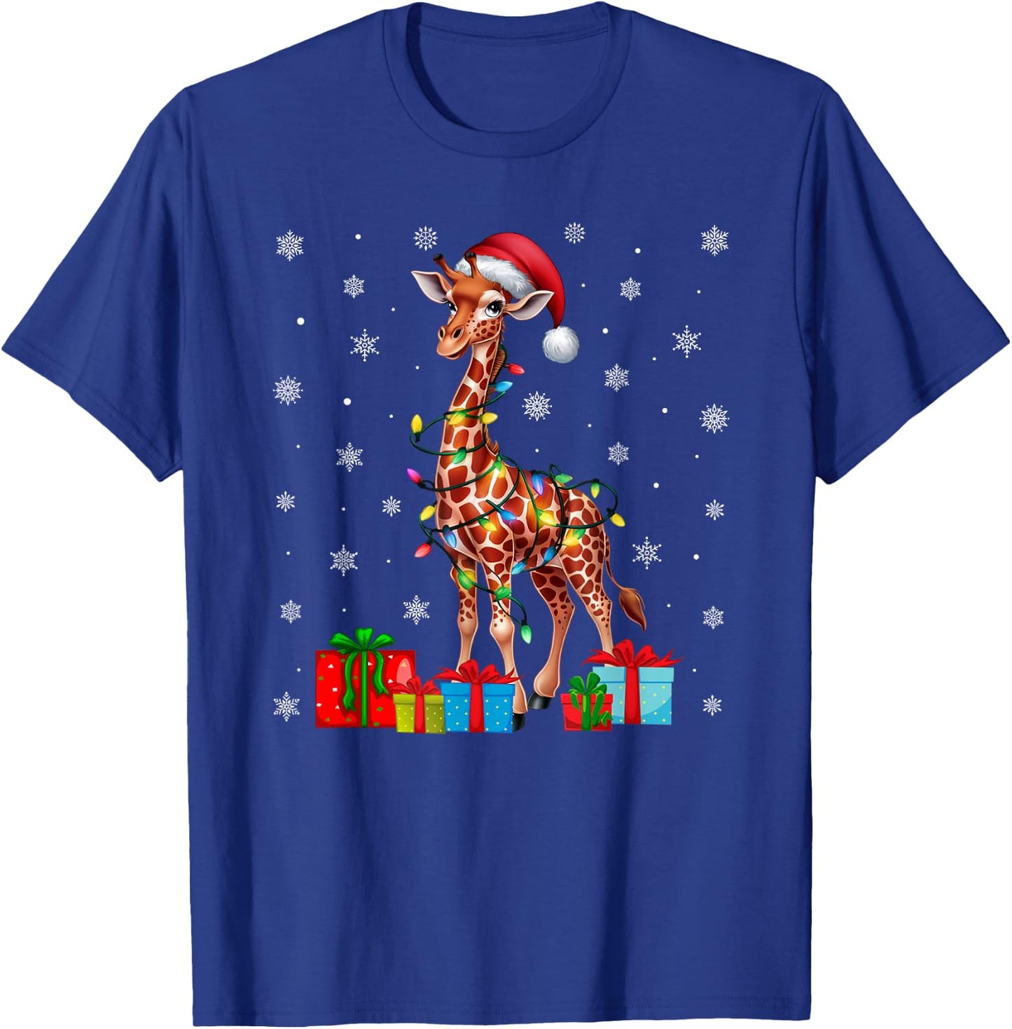 Giraffe Ugly Xmas Lights Santa Hat Giraffe Christmas T-Shirt - T-Shirt | Royal