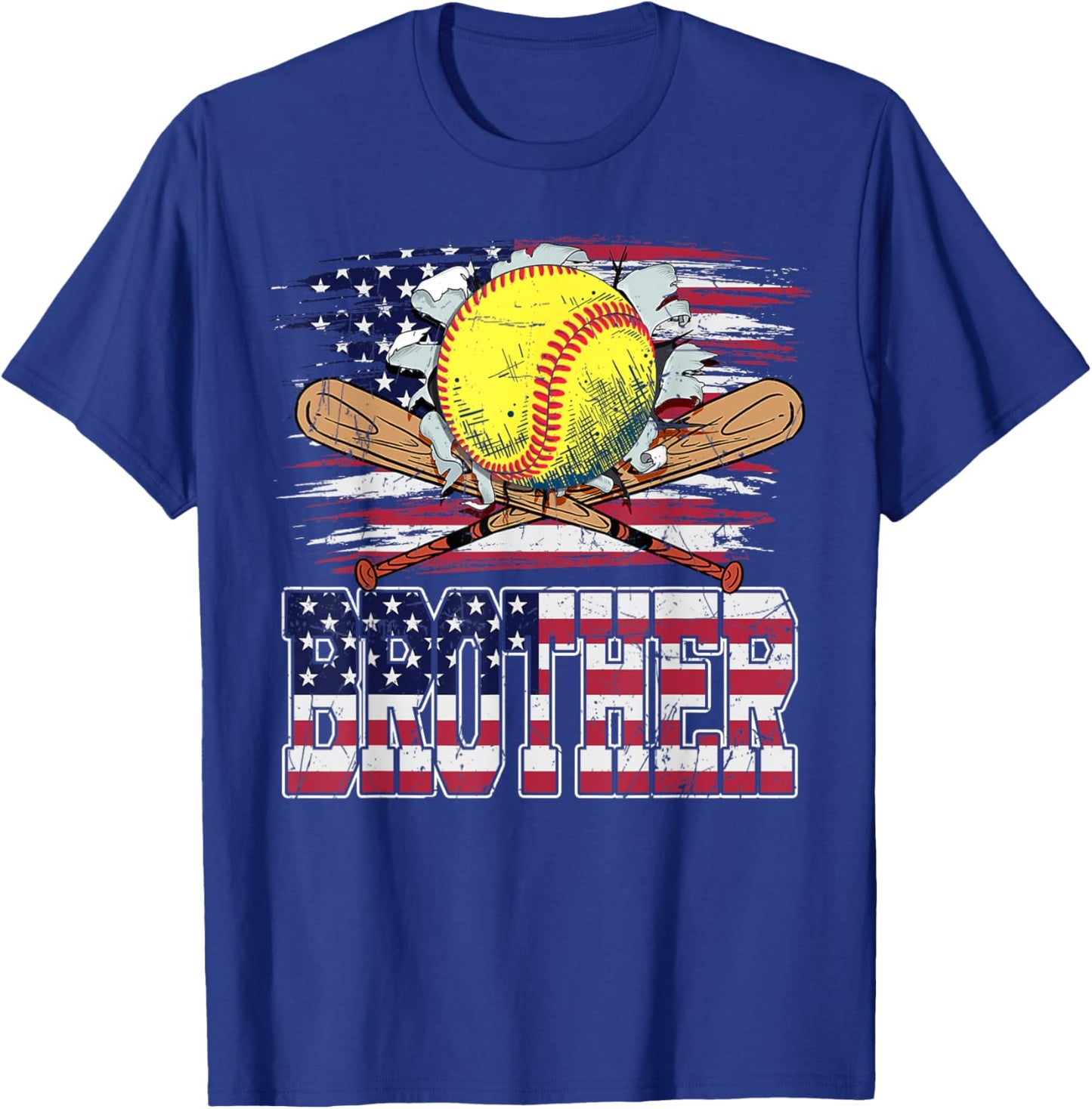 Softball Brother Vintage USA American Flag 4th Of July Women Kids Men T-Shirt - T-Shirt | Royal