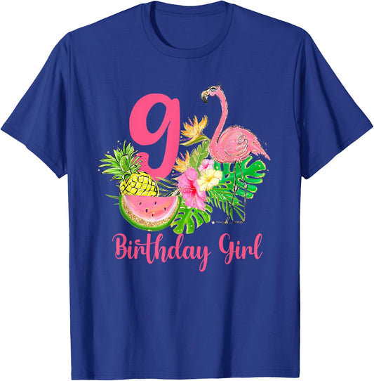 9th Birthday Tropical Flamingo Hawaii 9 Year Old Girl T-Shirt - T-Shirt | Royal