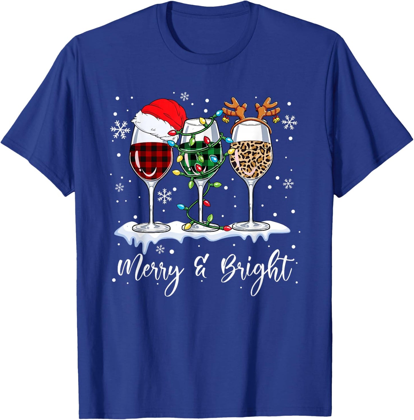 Three Wine Glasses Merry And Bright Christmas Wine Lover T-Shirt - T-Shirt | Royal