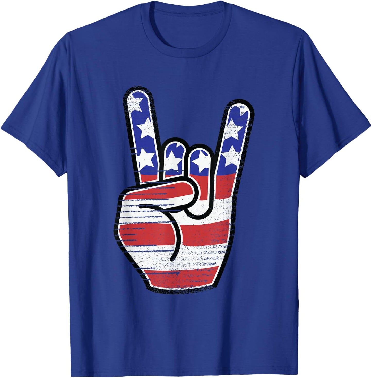 Rock n Roll Shirt USA Flag Horns Sign Retro Concert Band T-Shirt - T-Shirt | Royal