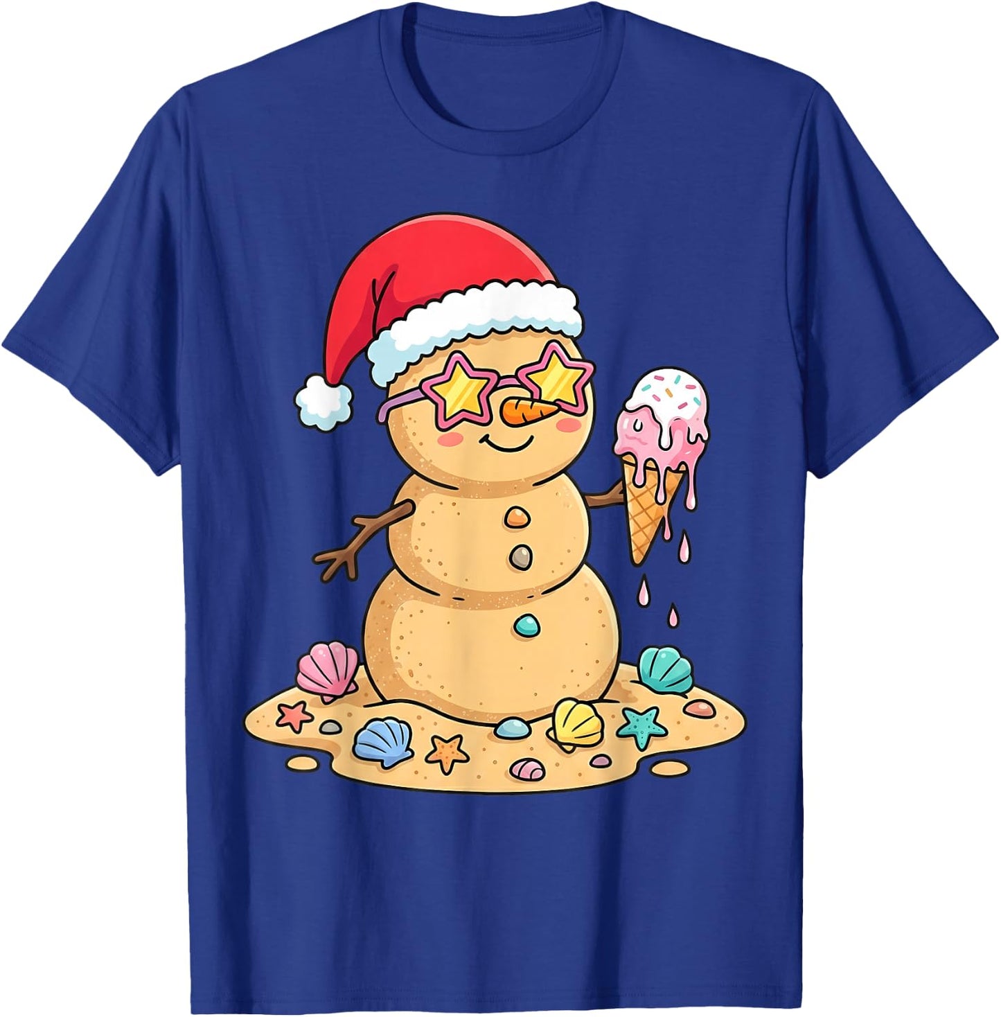 Cute Sand Snowman Santa Hat Christmas in July T-Shirt - T-Shirt | Royal
