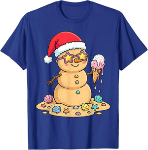 Cute Sand Snowman Santa Hat Christmas in July T-Shirt - T-Shirt | Royal