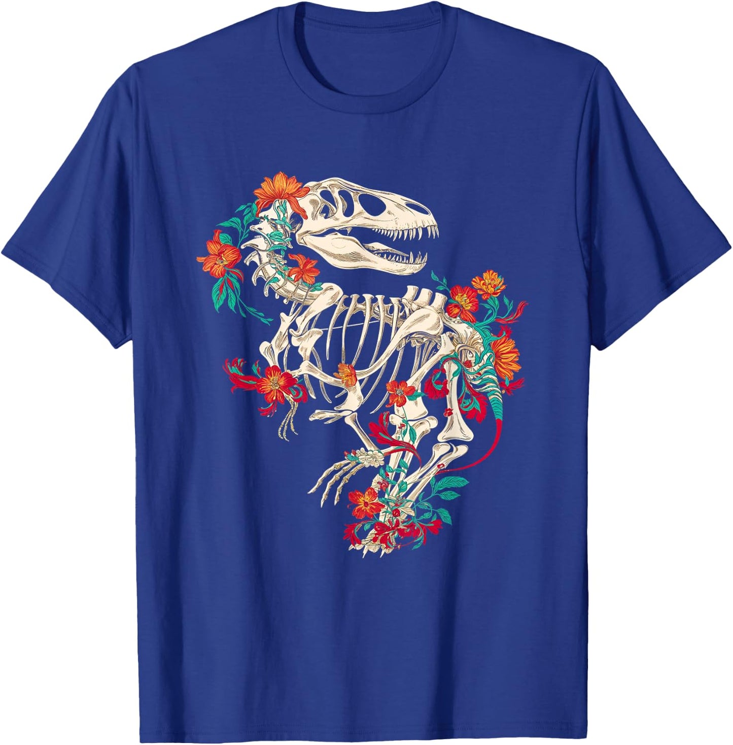 Rex Skeleton Floral Dino Bones Paleontology Dinosaur T-Shirt - T-Shirt | Royal