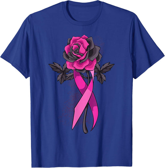 Pink Ribbon Rose Breast Cancer Awareness Survivor Warrior T-Shirt - T-Shirt | Royal