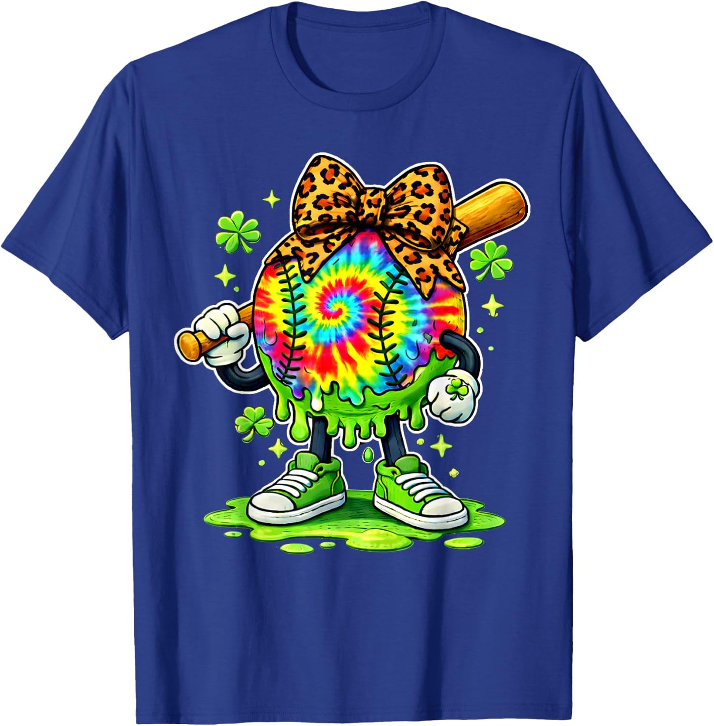 Lucky Tie Dye Softball with Leopard Bow St. Patrick’s Day T-Shirt - T-Shirt | Royal