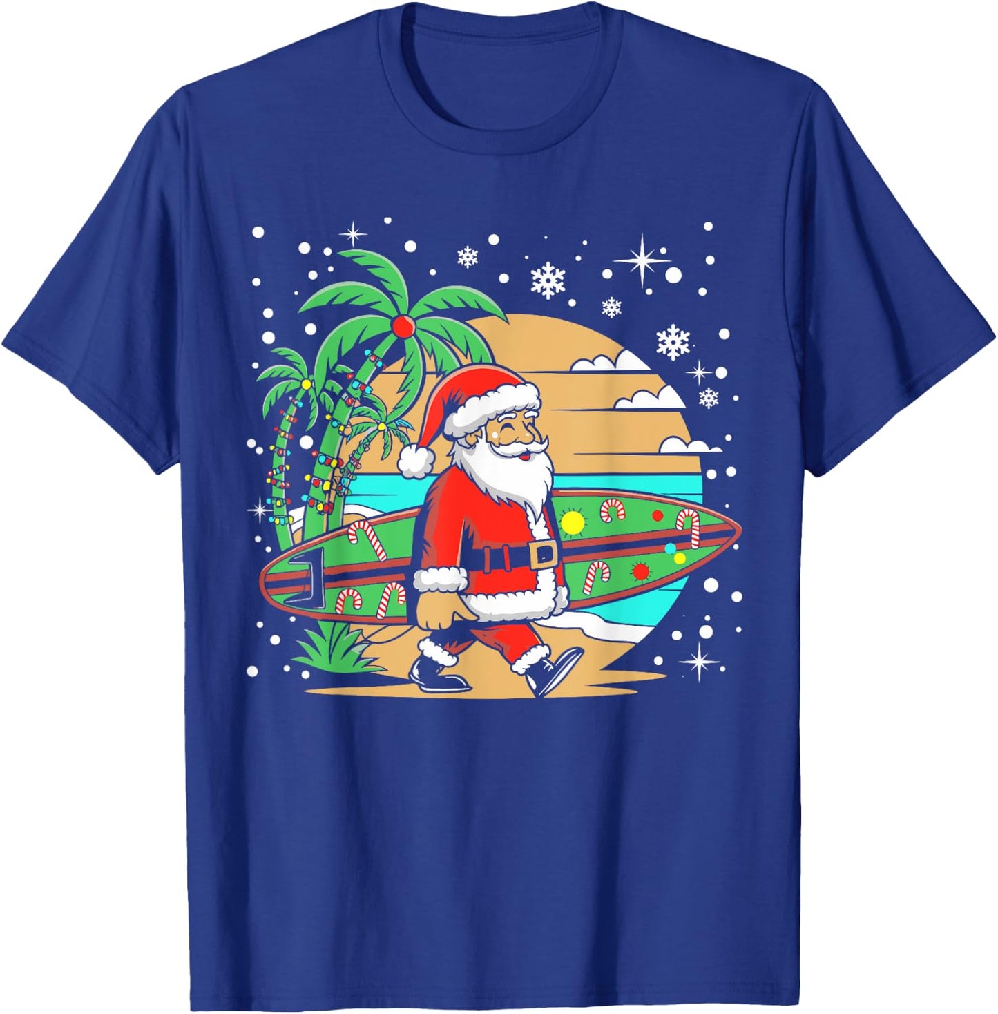 Surf Funny Surfboard Xmas Lights Santa Surfing Christmas T-Shirt - T-Shirt | Royal