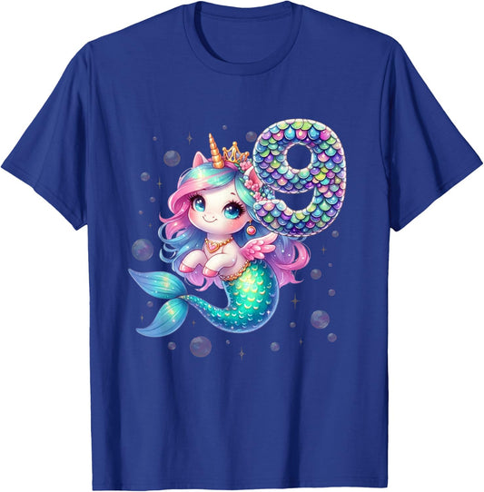 Unicorn Mermaid 9th Birthday 9 Year Old Party Girls Outfit T-Shirt - T-Shirt | Royal