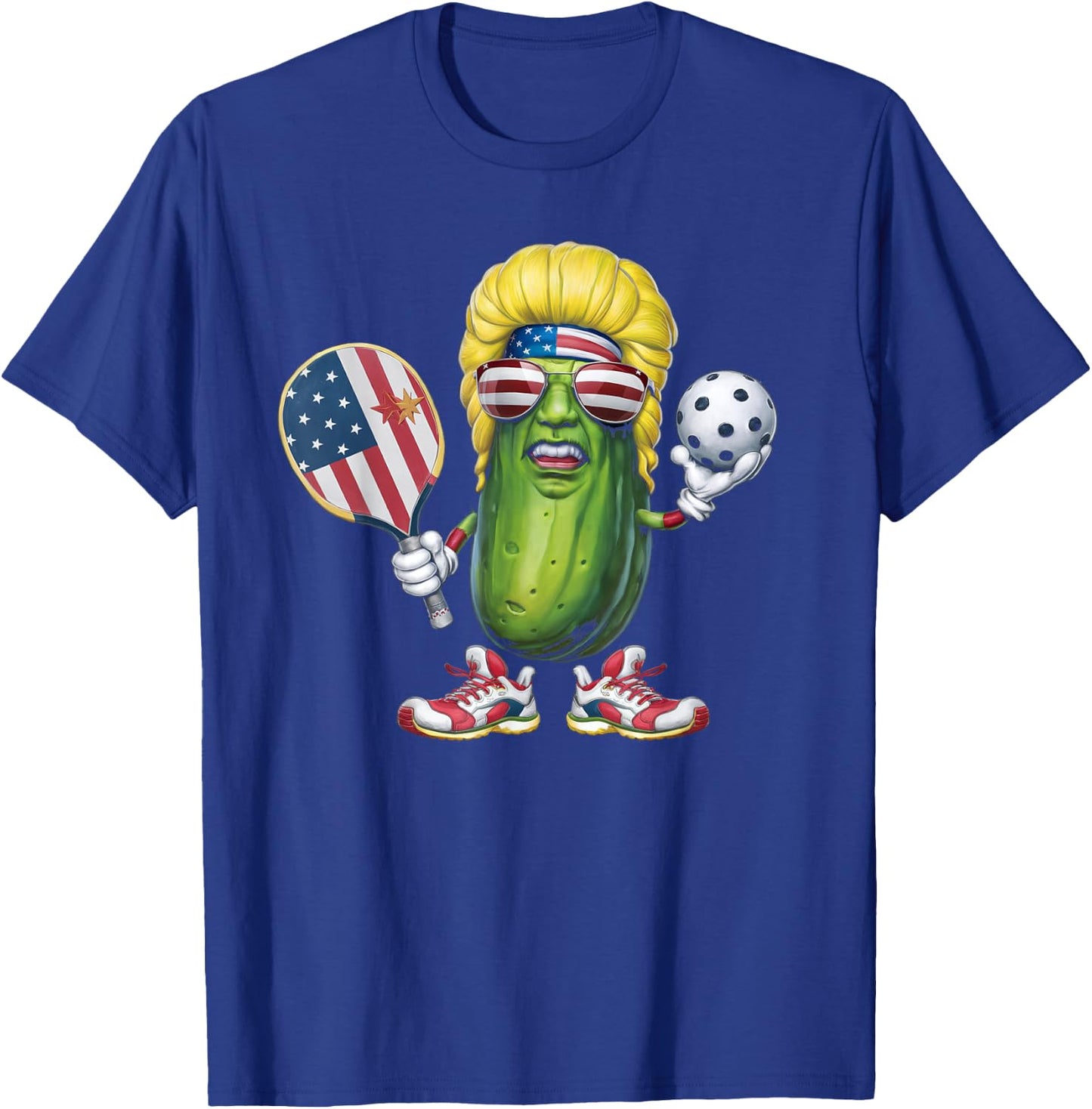 Funny Patriotic Pickle Player Playing Pickleball Game Trump T-Shirt - T-Shirt | Royal