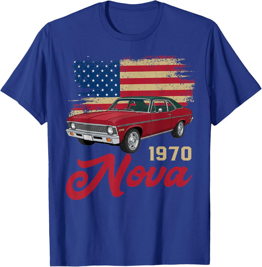 American Flag 1970 70 Nova Silhouette Muscle Car T-Shirt - T-Shirt | Royal