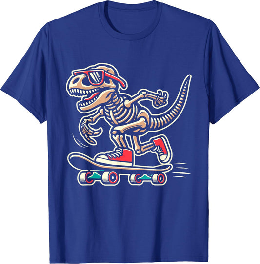Retro T-Rex Skeleton Dinosaur Skateboarding Boys T-Shirt - T-Shirt | Royal