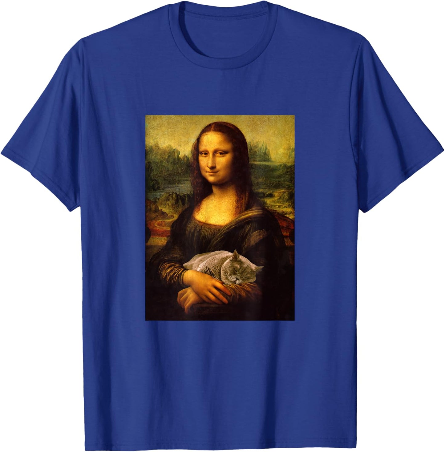Cool Sarcastic Mona Lisa Carrying Her Cat Graphic Designs T-Shirt - T-Shirt | Royal