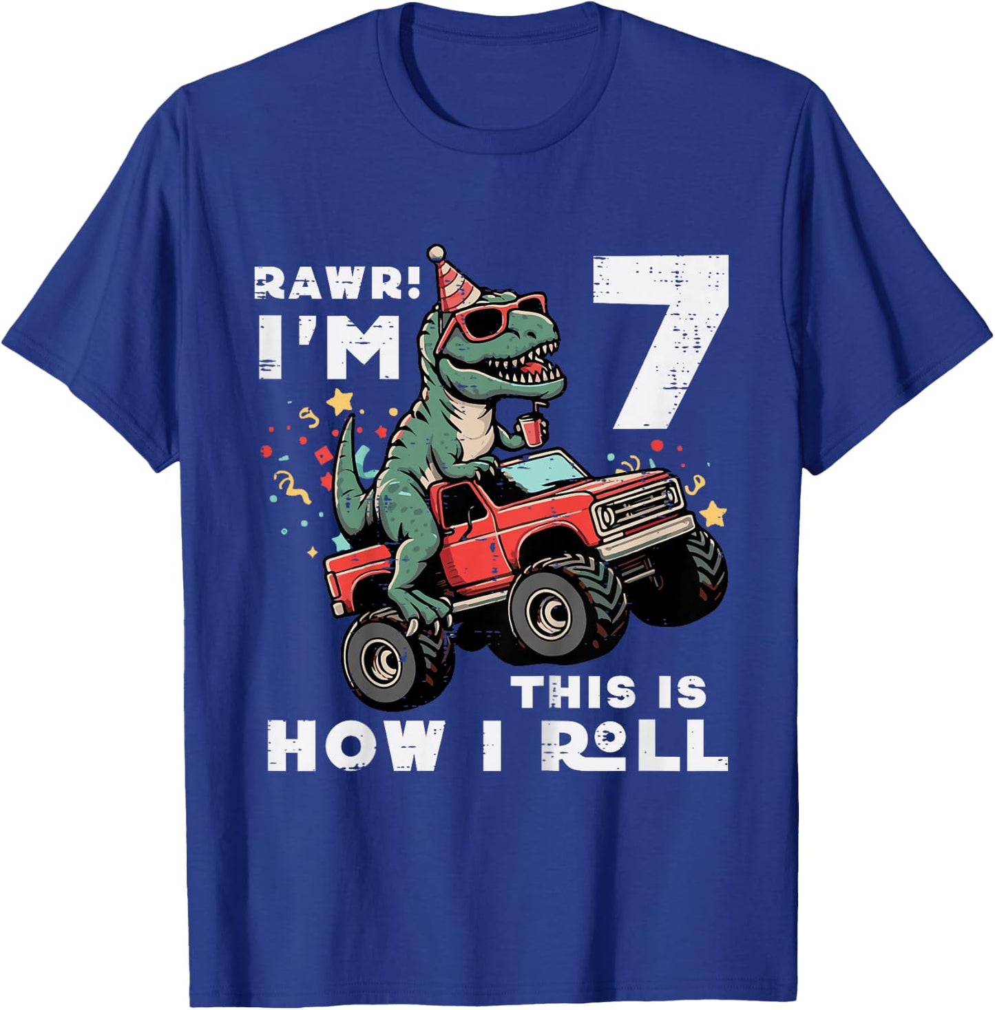 Kids Rawr Im 7 Dino This How I Roll 7th Birthday Trex Bday Boys T-Shirt - T-Shirt | Royal
