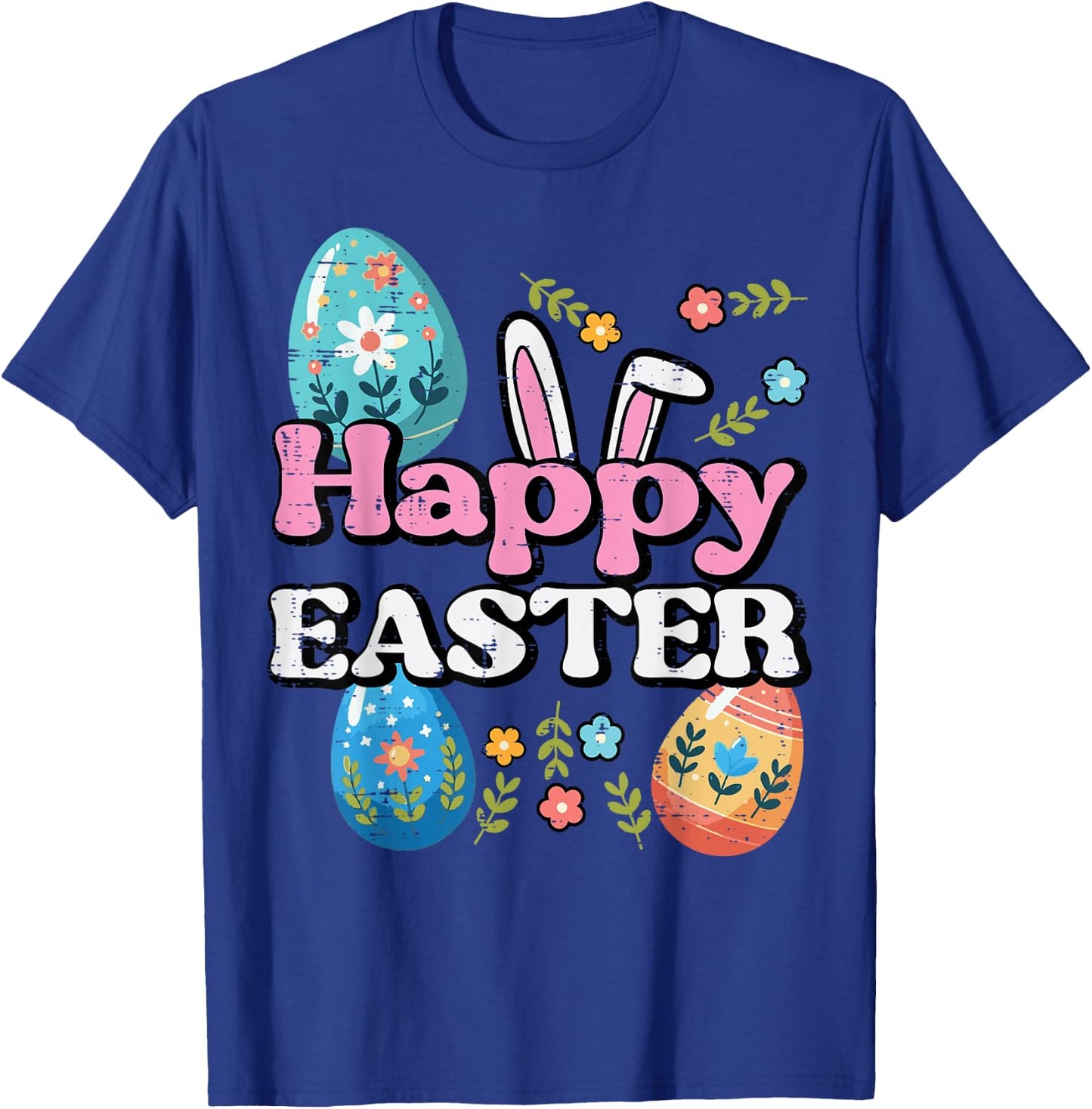 Happy Easter Bunny Ears Eggs Flowers Spring Women Kids Men T-Shirt - T-Shirt | Royal