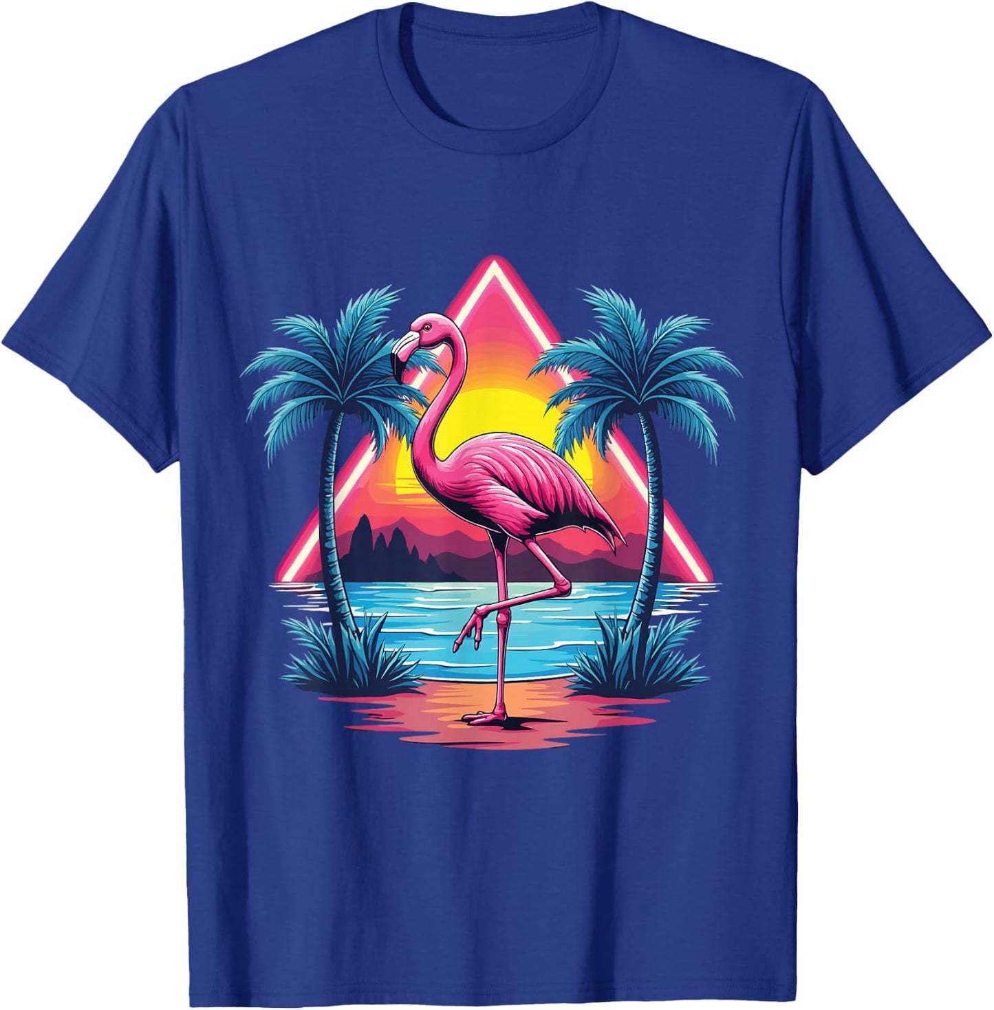 Flamingo Summer Vibes Retro Beach Palm Tree Sunset Flamingo T-Shirt - T-Shirt | Royal