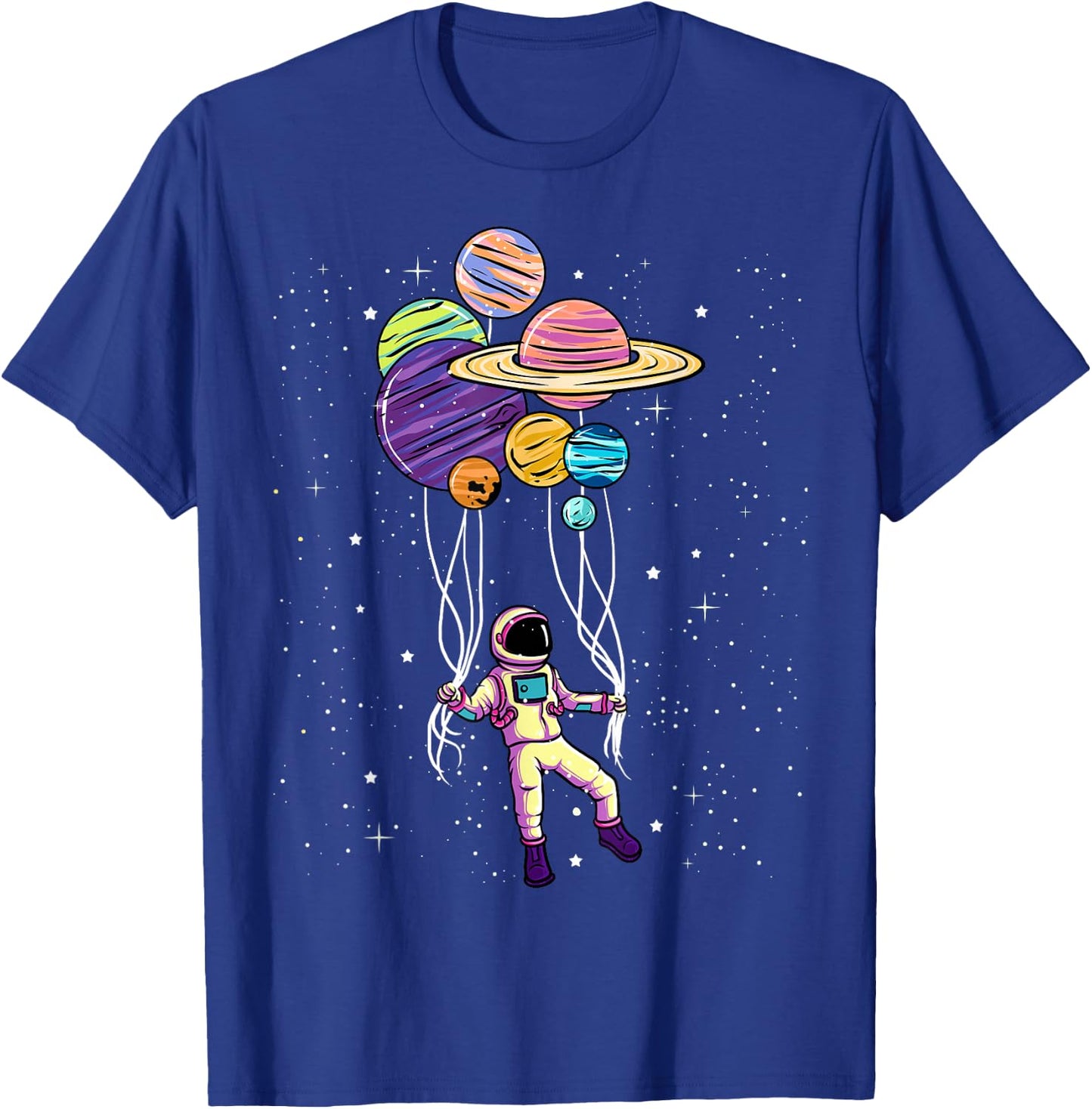 Astronaut Holding Planet Balloons BoysGirls STEM Kids T-Shirt - T-Shirt | Royal