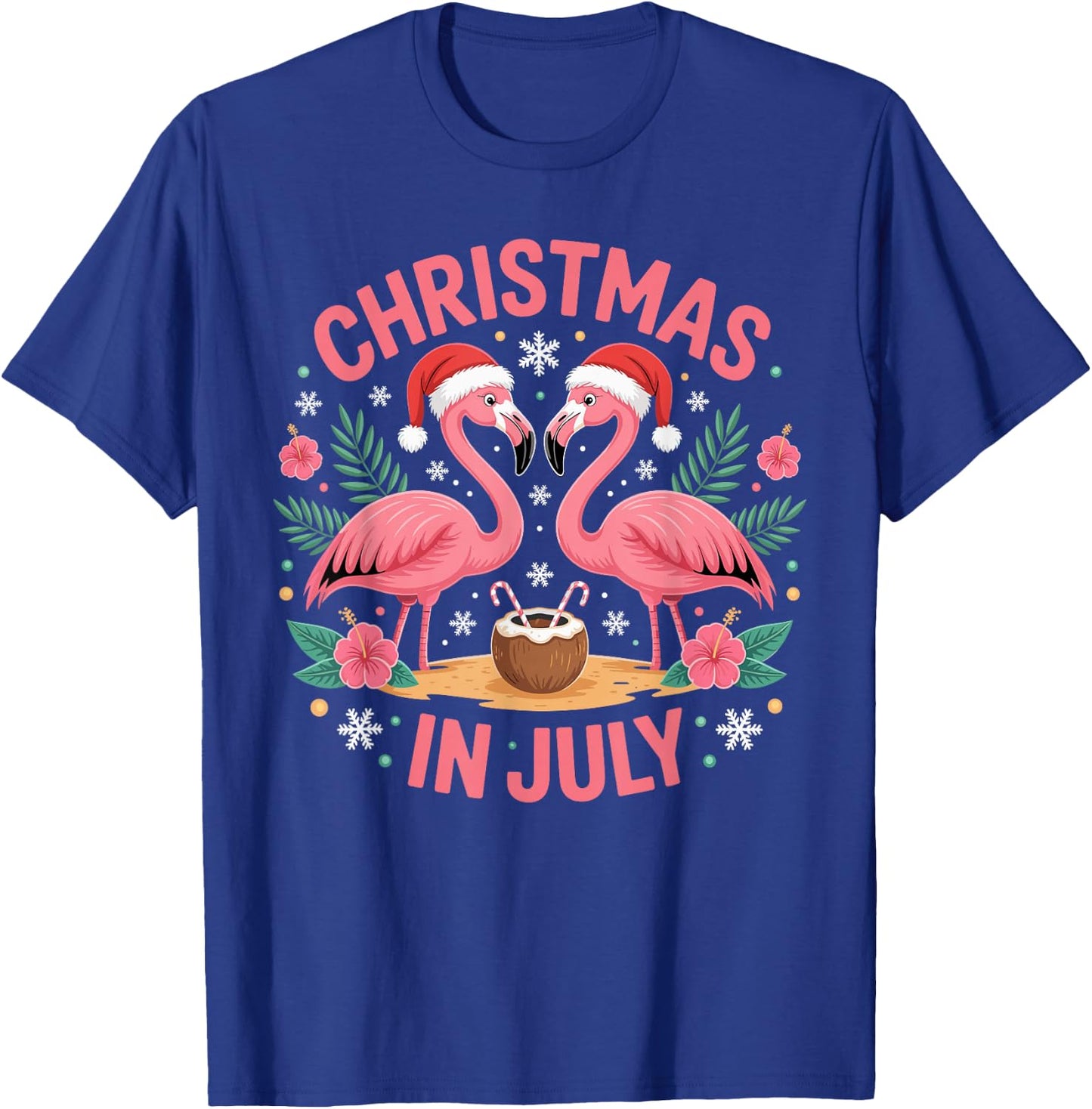 Christmas in July Men Women Flamingo Beach Summer Xmas T-Shirt - T-Shirt | Royal