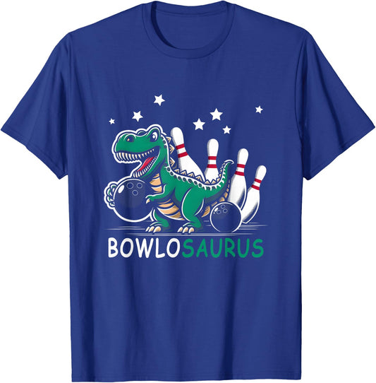 Funny Bowler Bowlosaurus T-Rex Dinosaur Playing Bowling T-Shirt - T-Shirt | Royal