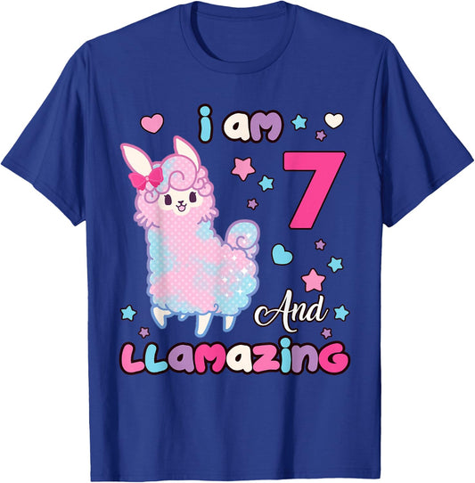 7 Years Old 7th Birthday Girl Llama I Am Seven and Llamazing T-Shirt - T-Shirt | Royal