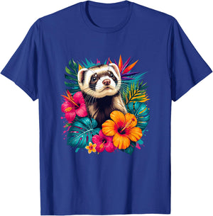 Colorful Ferret in Tropical Hibiscus Flowers Summer T-Shirt - T-Shirt | Royal