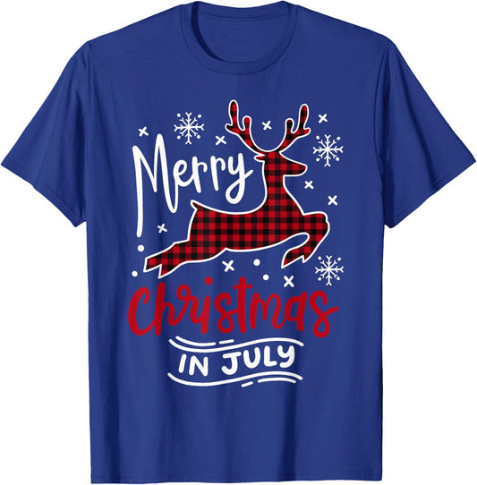 Merry Christmas in July Plaid Red Reindeer & Snowflake T-Shirt - T-Shirt | Royal