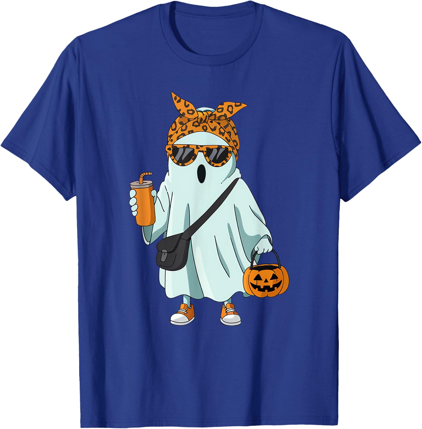Halloween Ghost Coffee Cute Ghost Drinking Coffee Leopard T-Shirt - T-Shirt | Royal