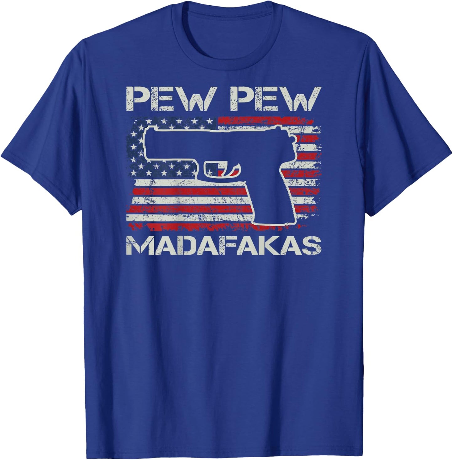 Pew Pew Madafakas - 9mm .45 Pistol USA Flag Pro Gun (BACK) Women Men T-Shirt - T-Shirt | Royal