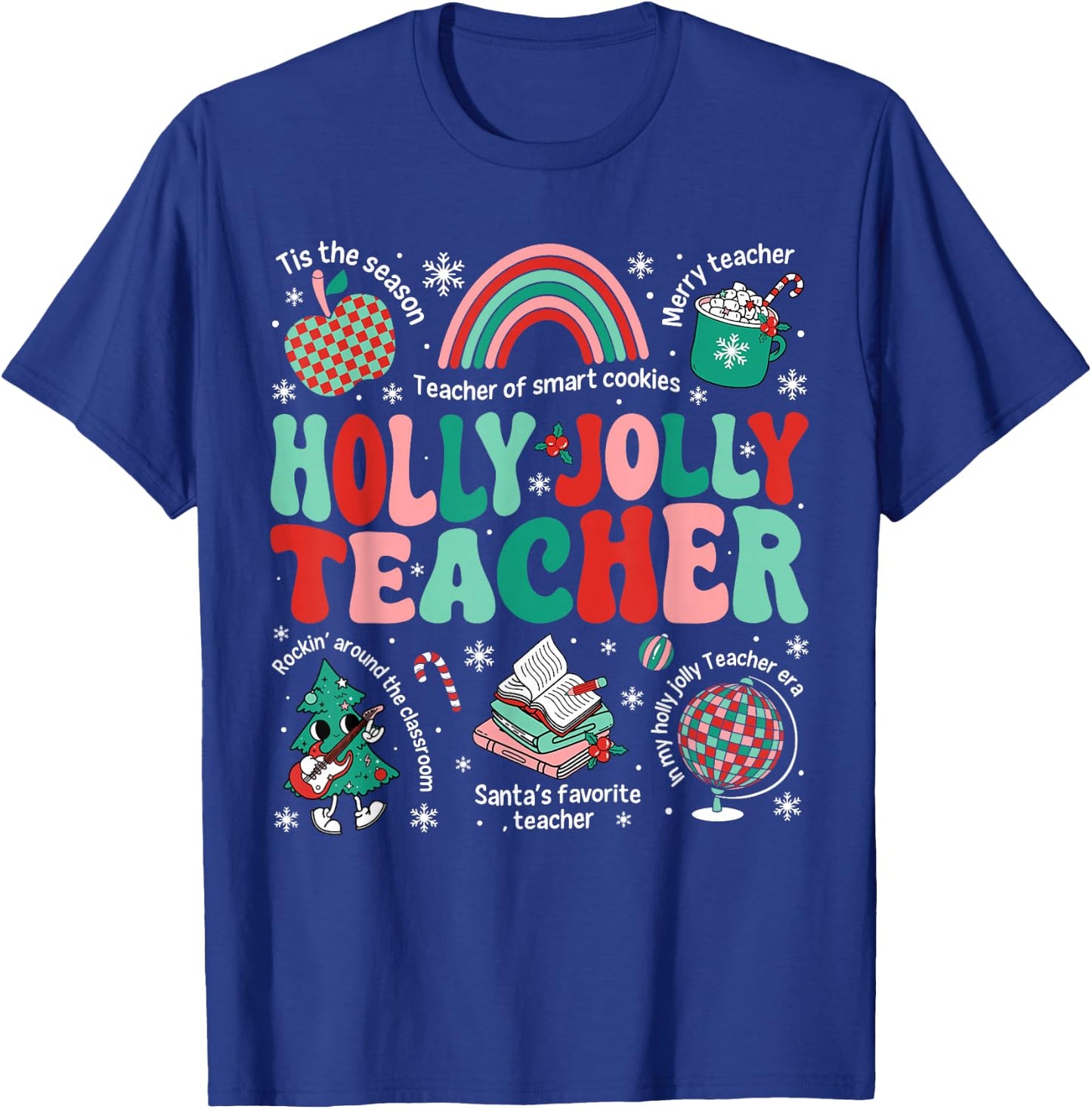 Holly Xmas Jolly Teacher Christmas Vibes Rainbow Xmas Tree T-Shirt - T-Shirt | Royal