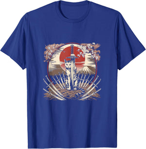 Samurai Cat Vintage Ukiyo-e Warrior Kanji Japan Anime Ink T-Shirt - T-Shirt | Royal