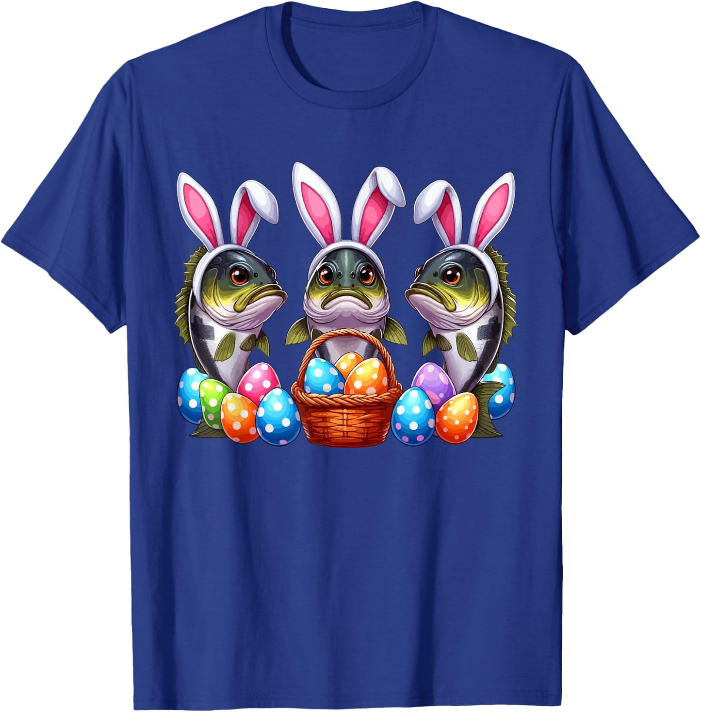 Three Easter Bunny Bass Fishes Hunting Eggs Basket Colorful T-Shirt - T-Shirt | Royal