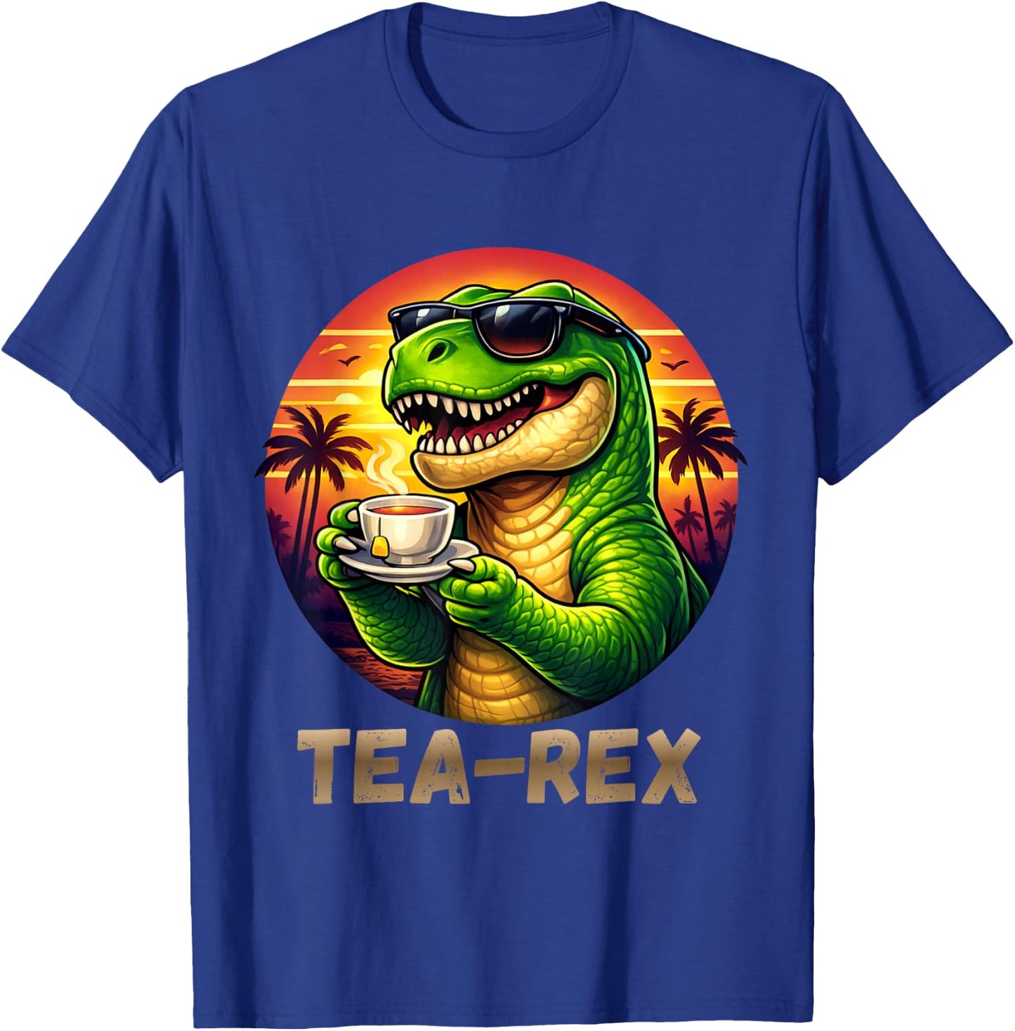 Tea Rex Funny Dinosaur Tropical Sunset T-Shirt - T-Shirt | Royal