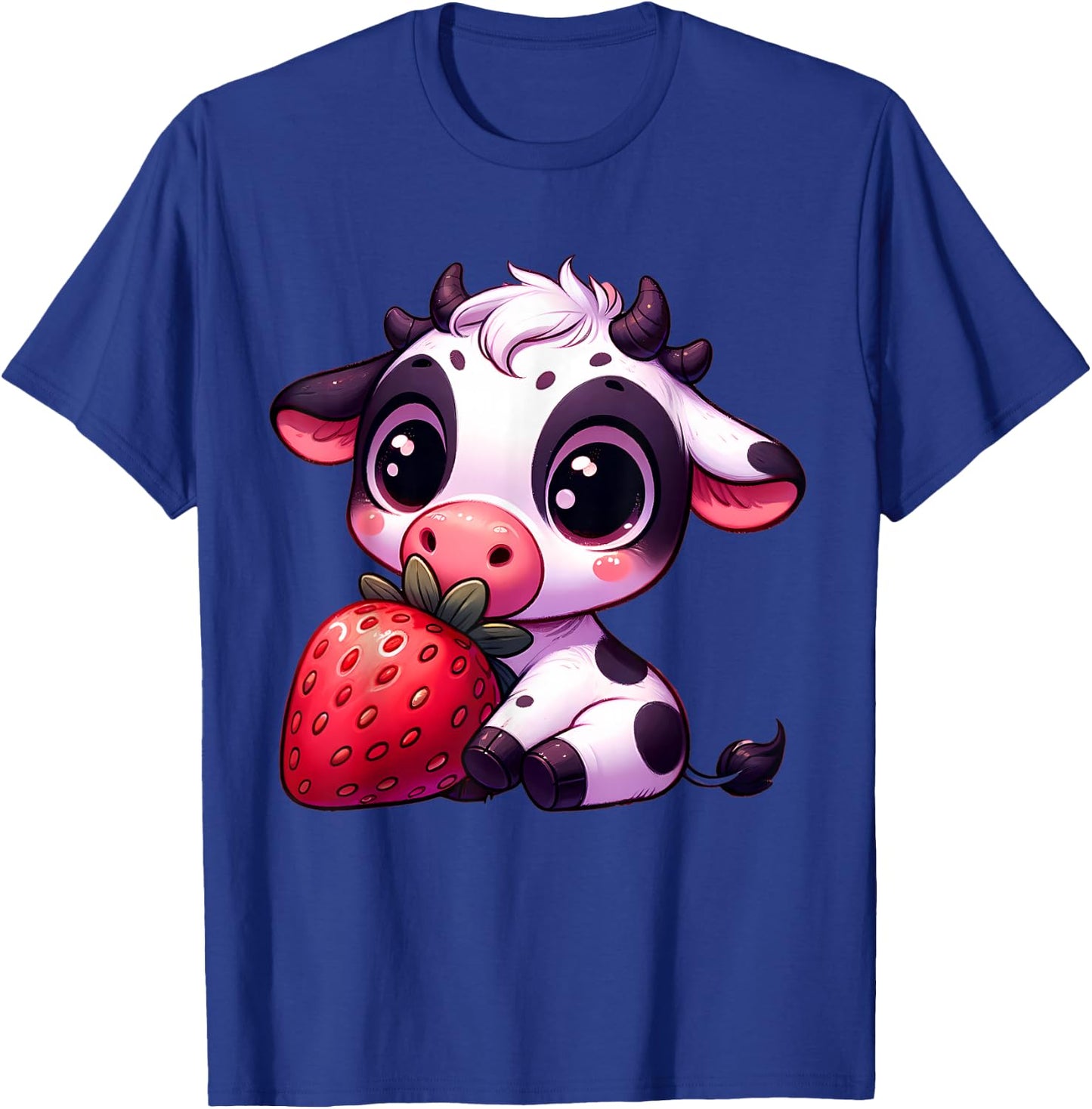 Cute Cow Eating Strawberry Kawaii Farm Animal Men Women Kids T-Shirt - T-Shirt | Royal