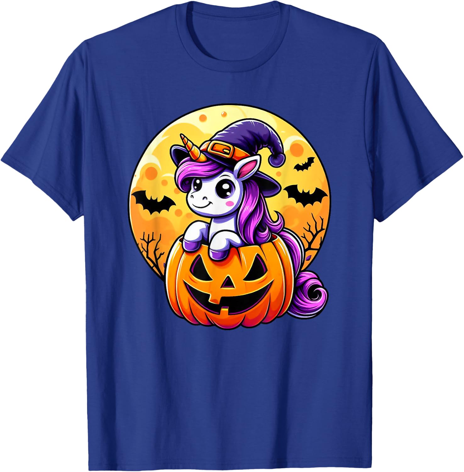 Halloween Cute Unicorn Witch Hat Pumpkin Funny For Kid Girl T-Shirt - T-Shirt | Royal