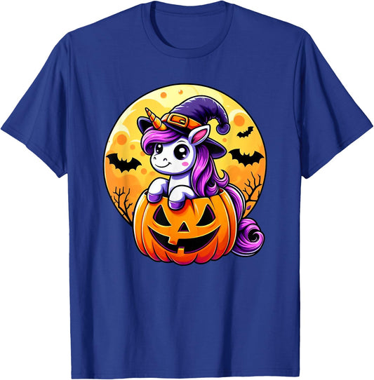 Halloween Cute Unicorn Witch Hat Pumpkin Funny For Kid Girl T-Shirt - T-Shirt | Royal