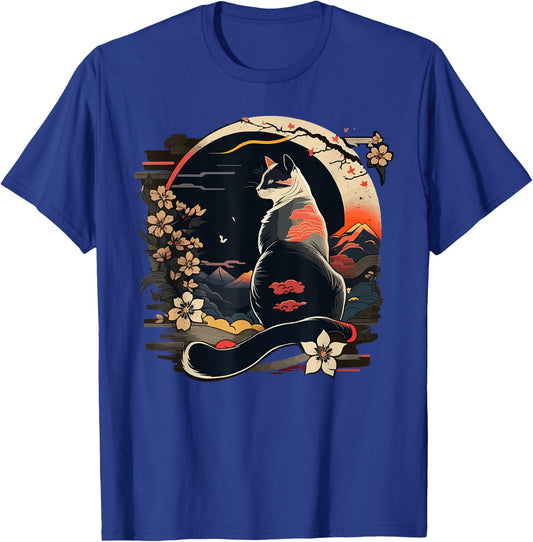 Cat Japan Style Funny Cat Gift Retro Vintage Funny Cat , black T-Shirt - T-Shirt | Royal