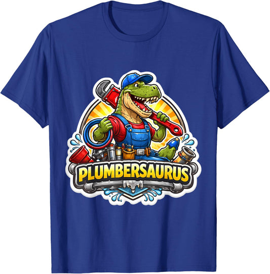 Plumbersaurus Plumber Dinosaur Dino T-rex Plumbing Funny Fun T-Shirt - T-Shirt | Royal