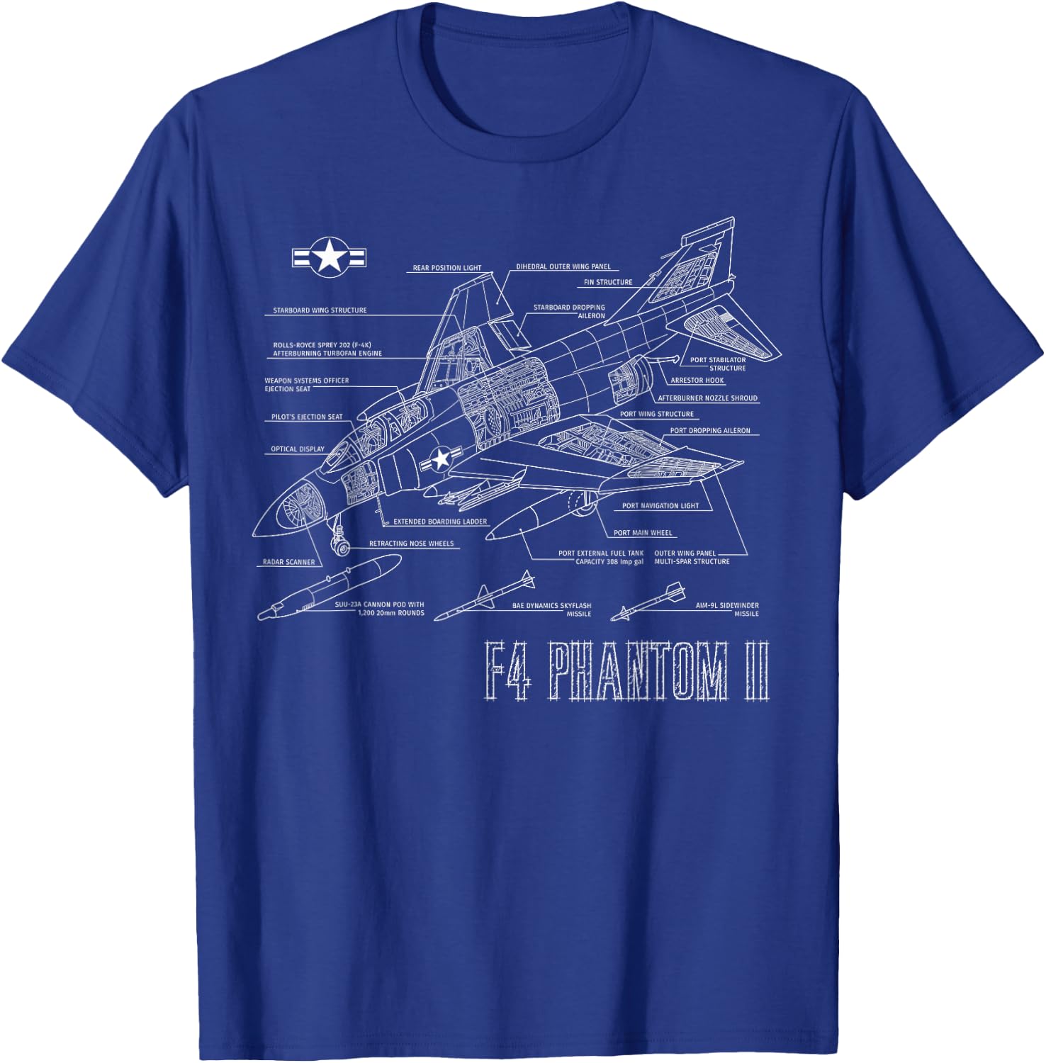 Vintage F4 Phantom II Jet Military Aviation Blueprint Gift T-Shirt - T-Shirt | Royal