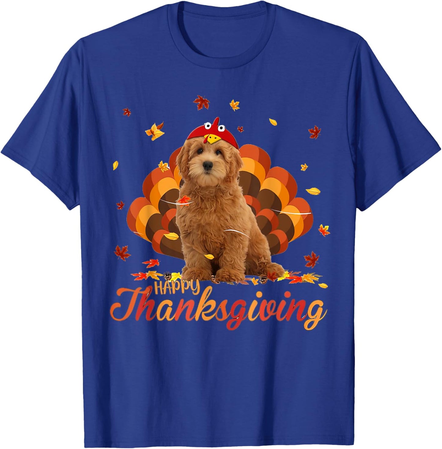 Cute Goldendoodle Happy Thanksgiving Turkey Dog Crispy Leaf Men Women T-Shirt - T-Shirt | Royal