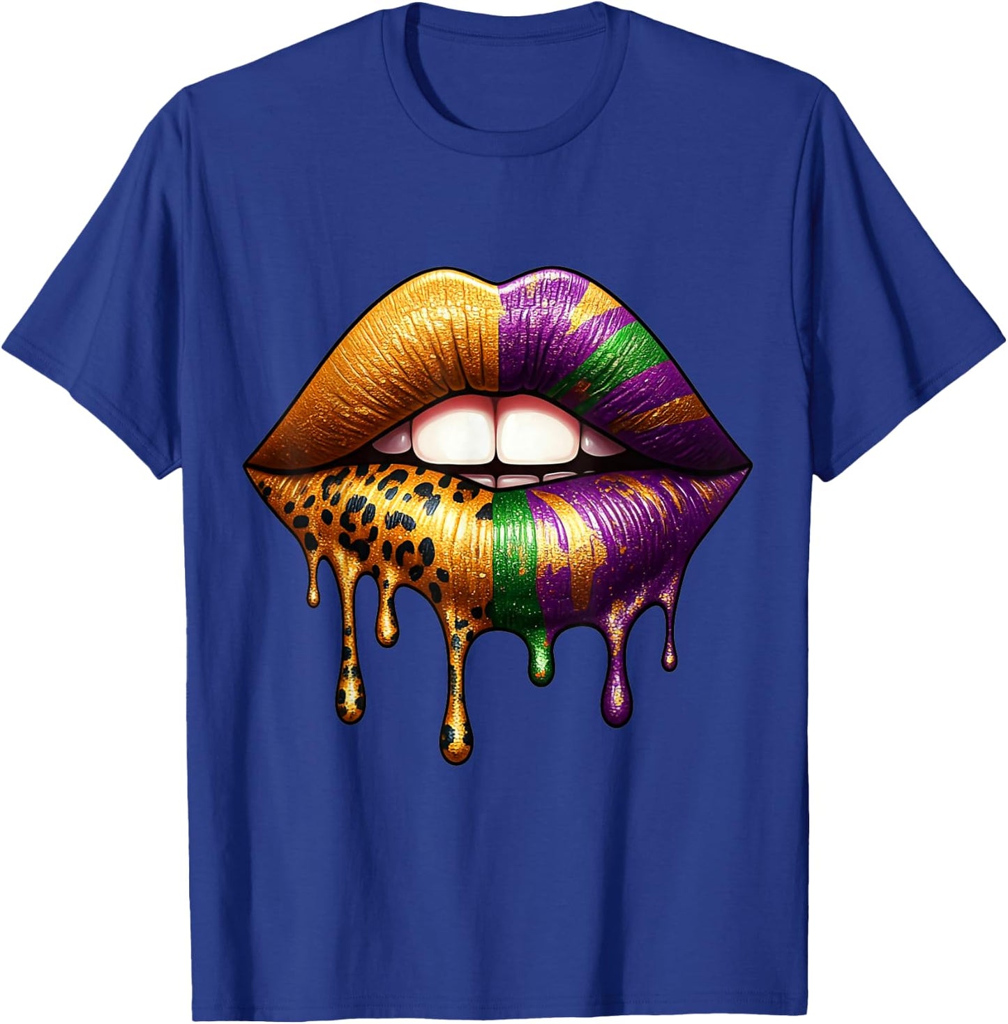 Eye-Catching Glossy Dripping Gold Leopard Print Lips T-Shirt - T-Shirt | Royal