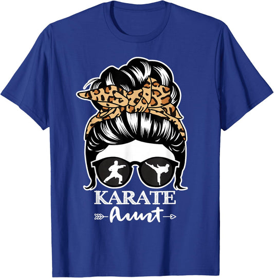 Karate Aunt Messy Bun Hair Funny Karate Fighter Aunt Leopard T-Shirt - T-Shirt | Royal