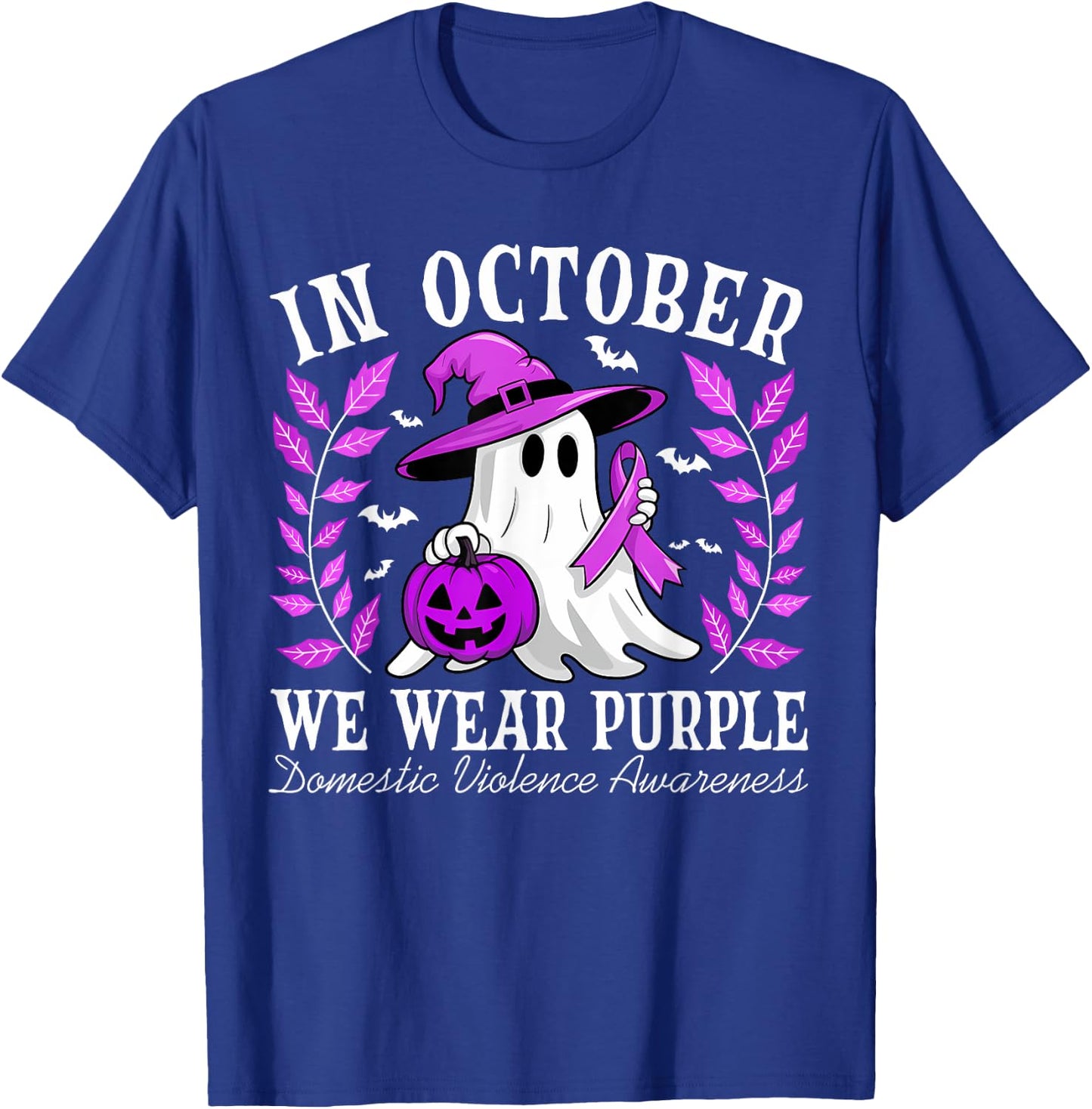 In October We Wear Purple Domestic Violence Ghost Halloween T-Shirt - T-Shirt | Royal