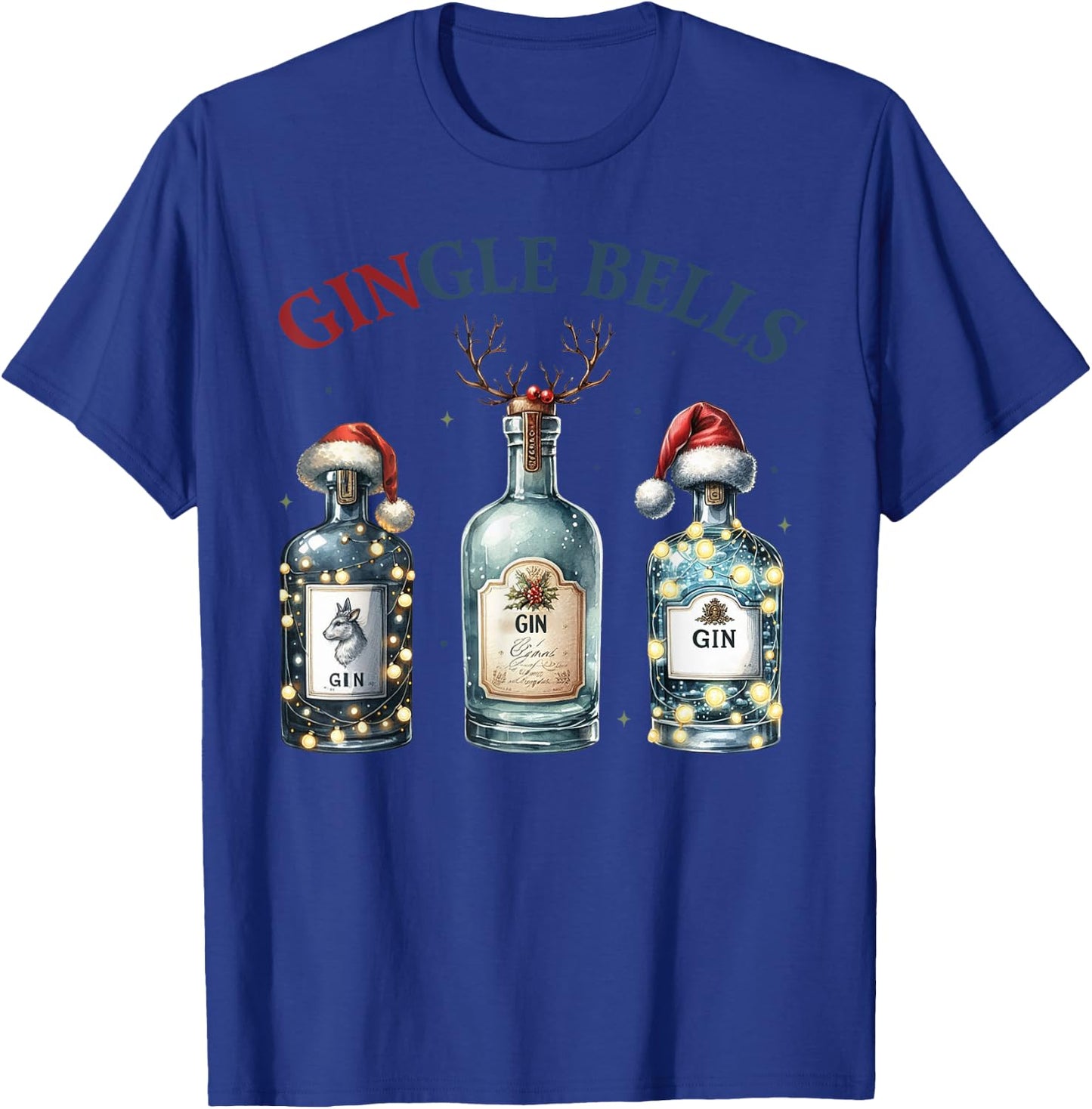 Christmas Gin Bottles with Christmas Hat Funny Gin T-Shirt - T-Shirt | Royal
